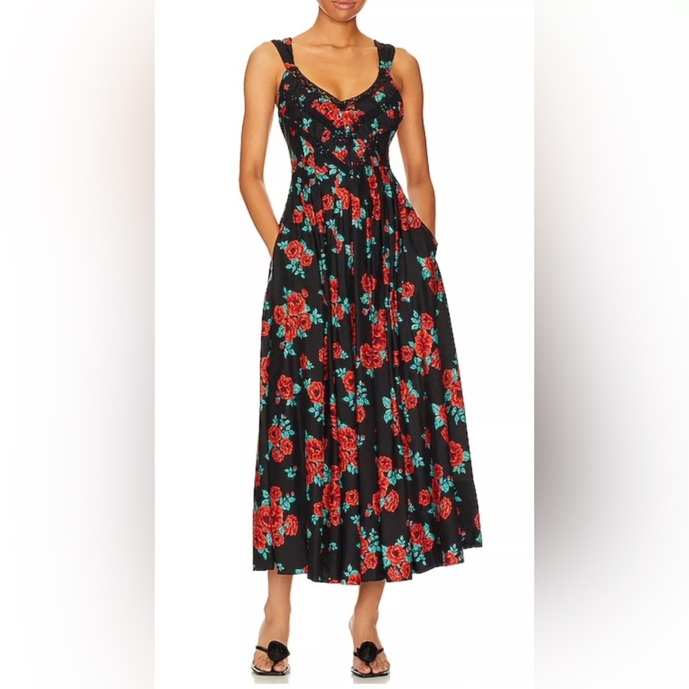 FREE PEOPLE Lovers Heart Midi in Black Red Flowers Open Back  Size XSmall